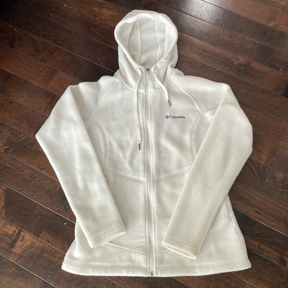 Columbia full zip hooded fleece jacket Cream Womens size M Warm Comfy Neutral - Picture 2 of 12